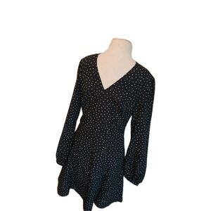 Uniqlo Polka Dot V Neck Long Sleeve Mini Shift Dress M  Black White Minimalism